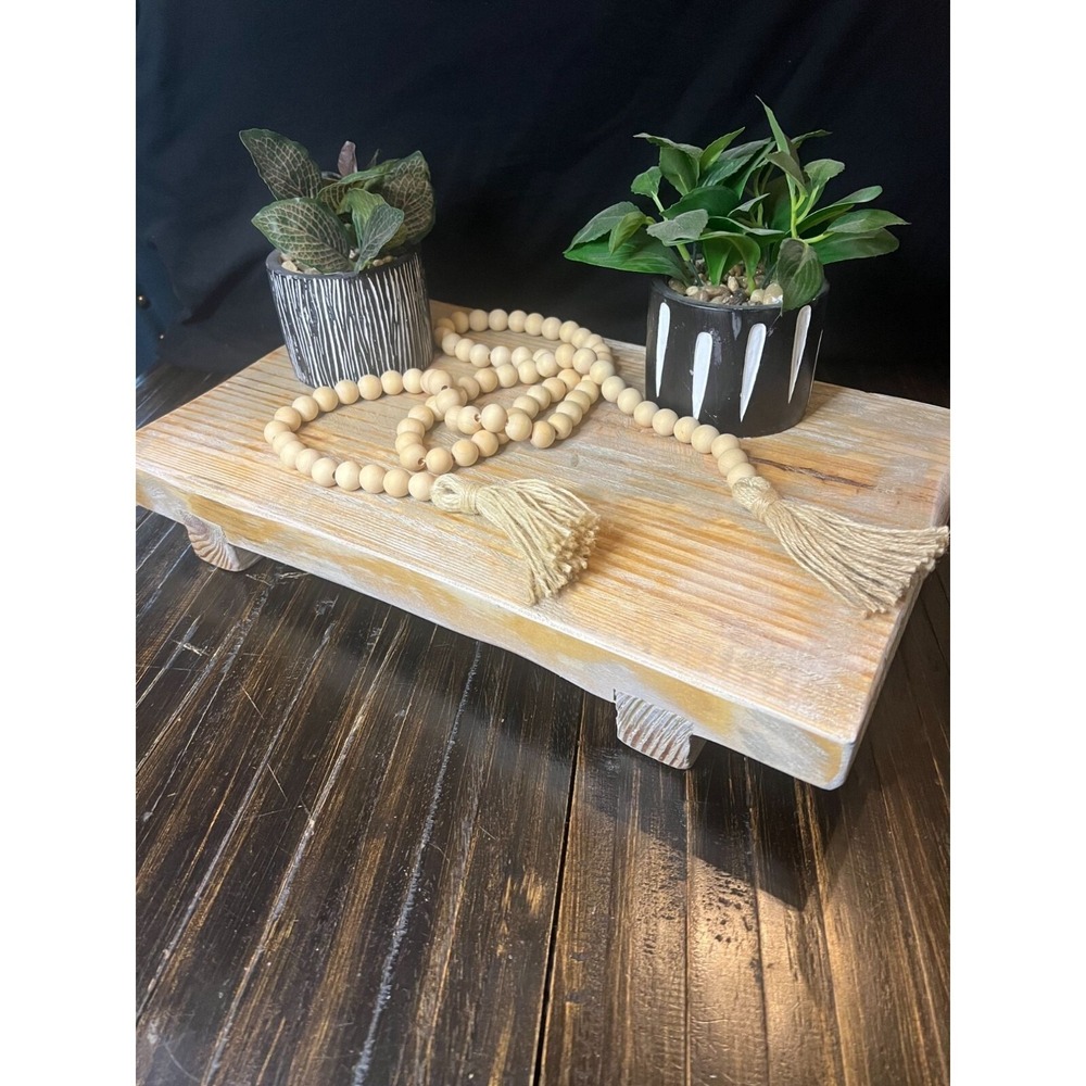 Rustic Farmhouse Wood Riser Pedestal Stand with Wood Bead Garland Tassels Set
